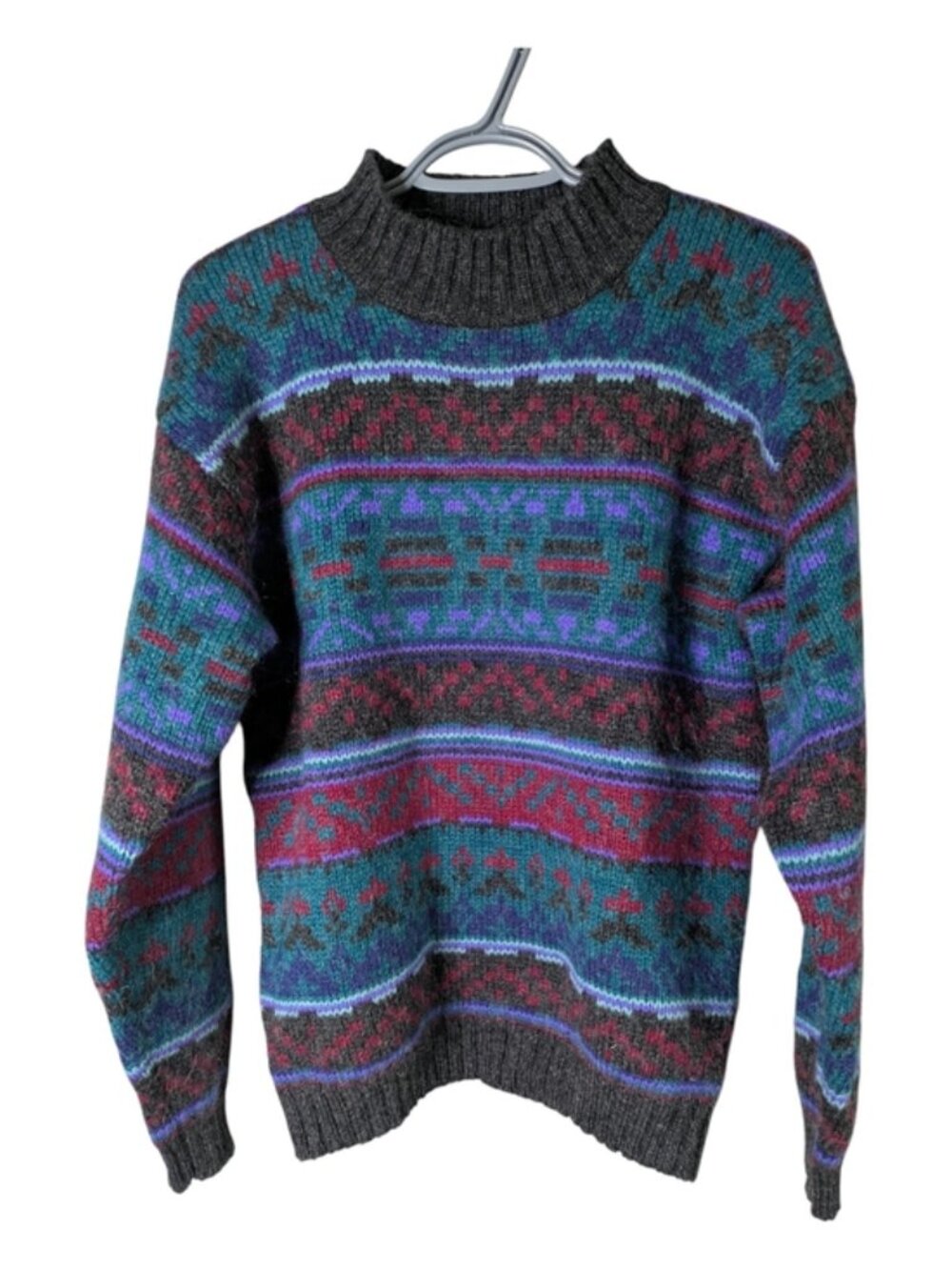 Vintage Cape Isle Knitters Wool & Mohair Nordic Sweater Size L Mock Neck